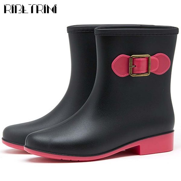 

boots female solid slip on round toe shoes women waterproof chunky heel buckle casual spring autumn boots, Black
