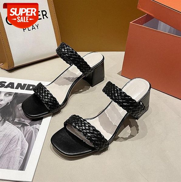

slippers for women's outer wear fashionable mid-heeled sandals and #qm1g, Black