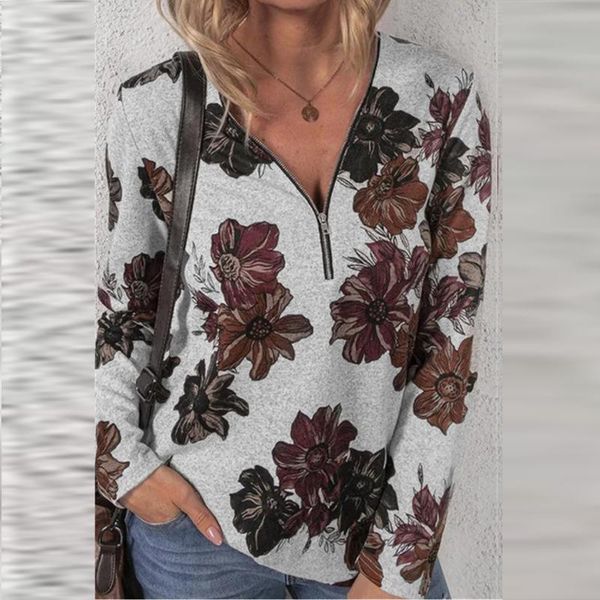 

women's blouses & shirts casual loose floral printed for women autumn fashion zipper v-neck pullover lady elegant long sleeve 2021 shi, White