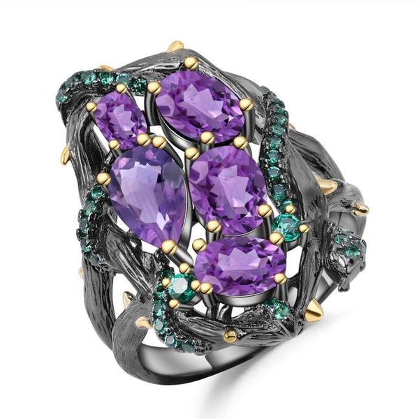

natural amethyst ring s925 sterling silver jewelry design handmade cluster rings, Golden;silver
