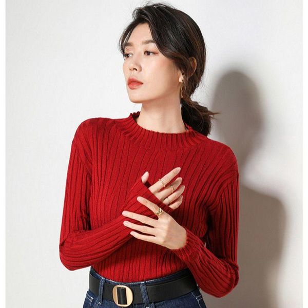 

women's sweaters artistic irregular striped woven round neck pullover slim fit thin wool knitted bottoming shirt sweater, White;black