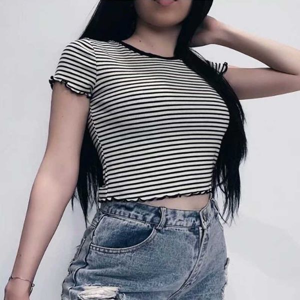 

women t-shirt summer fashion striped o-neck tight casual chic street women 210601, White