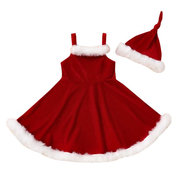 

2pcs kids christmas outfit fluffy stitching spaghetti strap sleeveless slip dress knotted hat for girls g1026, Red;yellow