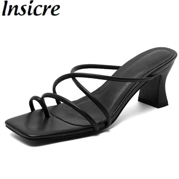 

insicre brand design microfiber narrow band gladiator sandals square pinch toe slipper street block high heel summer shoes dress, Black