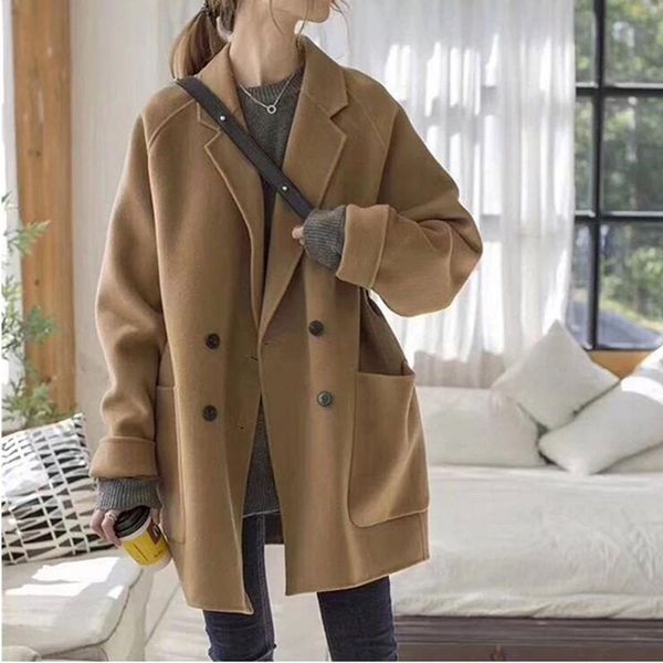 

women's wool & blends double-sided cashmere jacket spring autumn korean loose double breasted woolen coat female outerwear, Black