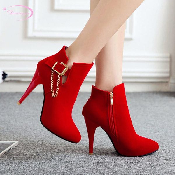 

boots chinese party style comfortable nubuck autumn ankle fashion chain belt buckle zipper high heel stiletto women riding, Black