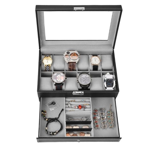 

slots watch box large mens black pu leather display glass jewelry case boxes & cases, Black;blue