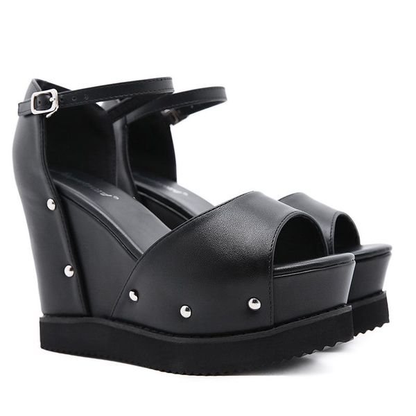 

sandals women fish mouth platform high heels wedges buckle slope, Black
