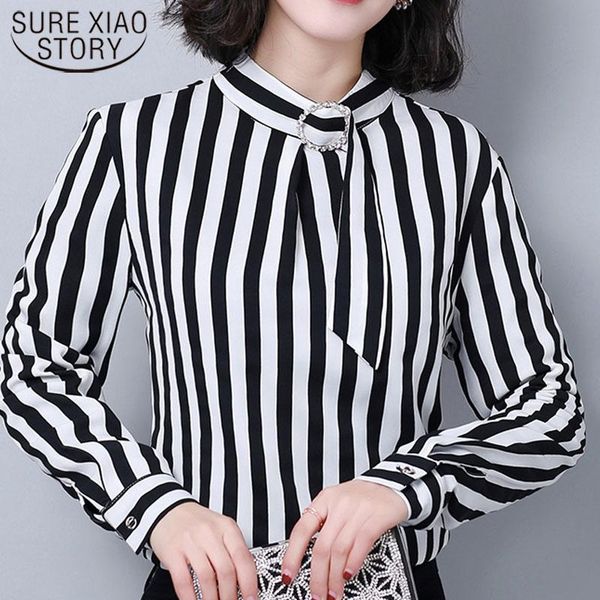 

women's blouses & shirts office lady chiffon blouse 2021 style stripe pattern standing collar winter women fashion long sleeve professi, White