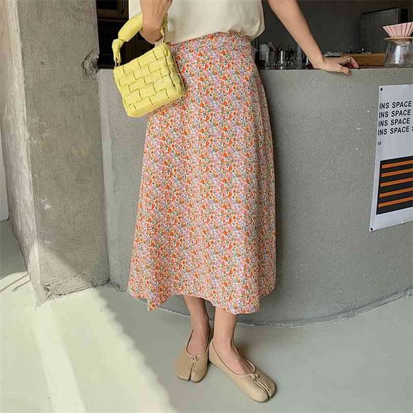 Floral Orange Print Lange Röcke Sommer Frauen Koreanischen Stil Streetwear Kordelzug Elastische Taille Midi Rock 210529