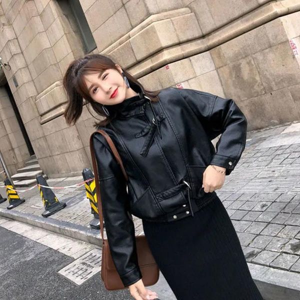 

women's leather & faux women jacket 2021 loose biker moto short pu overcoat punk basic harajuku casual fashion, Black
