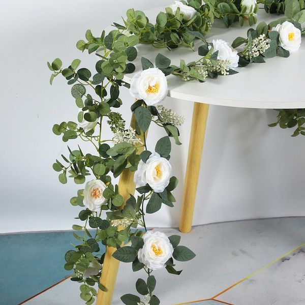

decorative flowers & wreaths 1.8m artificial eucalyptus with camellia garland hanging rattan vertical garden home table party wedding backdr