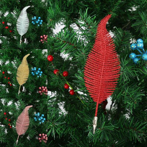 

christmas decorations artificial phoenix leaves with clip for tree pendants decor multi-color xmas leaf ornaments year gifts