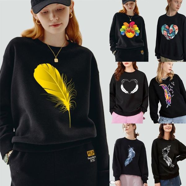 

women's hoodies & sweatshirts pullover warm long-sleeved sweatshirt color feather printing o-neck casual black autumn and winter polyes