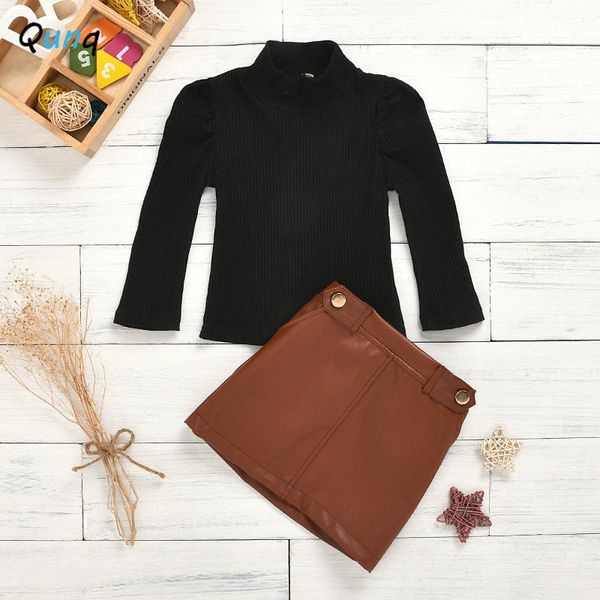 

clothing sets qunq baby toddler girls set turtleneck knitted shirts pu leather skirt kids clothes 2021 spring fall children suits, White