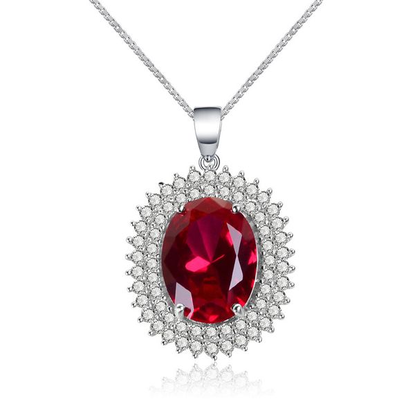 

romantic oval 4ct ruby cz pendant real 925 sterling silver party wedding pendants chain necklace for women bridal charm jewelry, Golden;silver