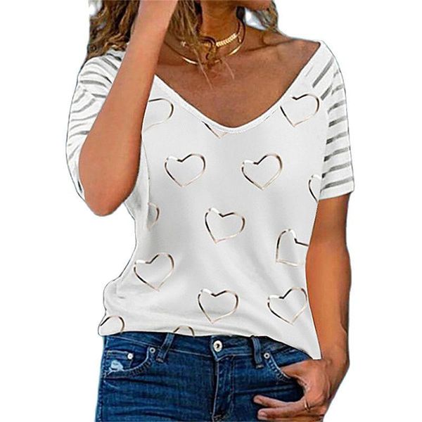 

women's t-shirt heart print t shirt female v neck short sleeve ladies casual loose summer tees, White