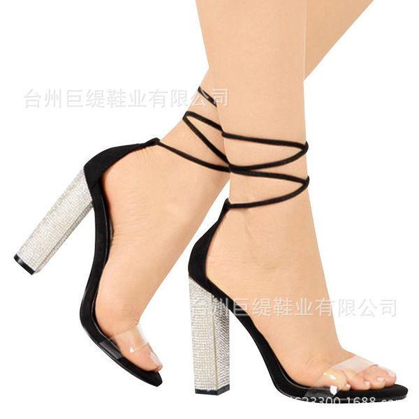 

sandals women pu lace up 8cm thick heel high heels round toe shallow rhinestones front & rear strap shoes size 35-42, Black