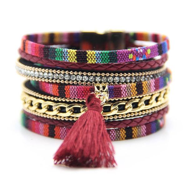 

charm bracelets fashion trend national style cotton rope tassel bracelet hand decoration women's multi-layer bohemian magnetic, Golden;silver