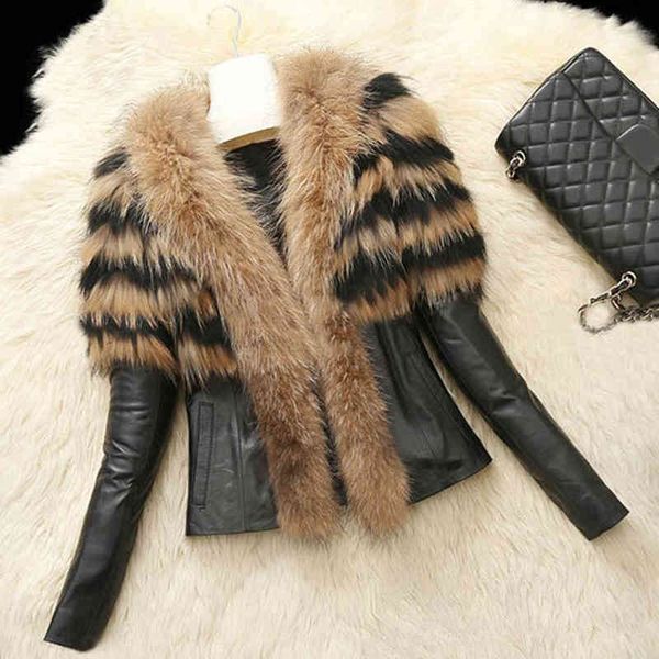 

women's fur & faux plus size s-6x autumn winter women coat lady slim fit zipper pu leather jacket fluffy leopard patchwork short outerw, Black