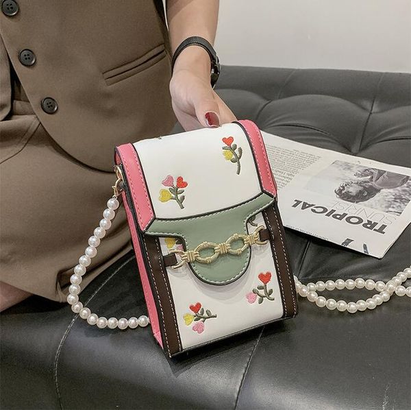 

factory wholesale women bags summer sweet fashion vertical pearl shoulder bag street trend flower embroidery storage wallet small fresh polk, Red;black