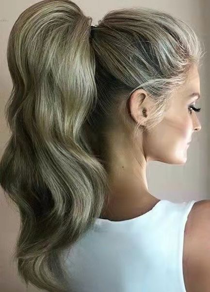 

18 inches grey blonde ponytail hair extension human hair real remy curly wavy [gray blond] wrap around one piece clip in hairpieces for wome, Black