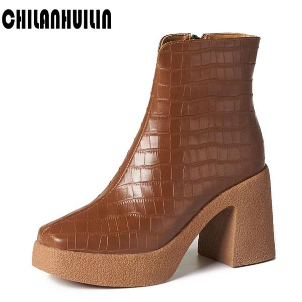 

boots brand shoes women high heels print cow leather ankle woman platform autumn winter female booties mujer, Black