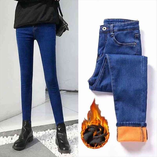 

warm stretch skinny denim velvet women jean pencil blue black winter pants