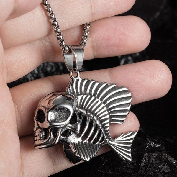 

chains creative skull fish head monster pendant necklace men women hip hop goth fashion personality accessories student party rock diy, Silver