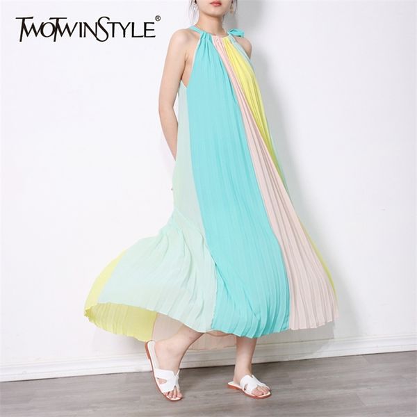 

loose hit color summer dress for women o neck sleeveless patchwork midi dresses female fashion clothing 210520, Black;gray