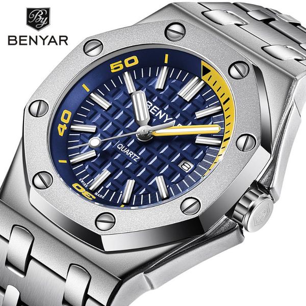 

wristwatches benyar quartz watch men japan miyota 2105 movt stainless steel military causal fashion wristwatch with box, Slivery;brown