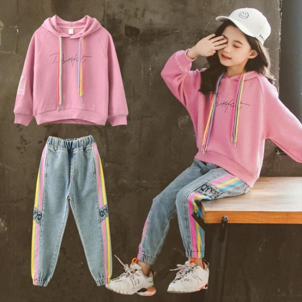 

spring winter warm children girls suit jacket jeans pants 2pcs sets active clothing kids sport school pink orange high quality, White