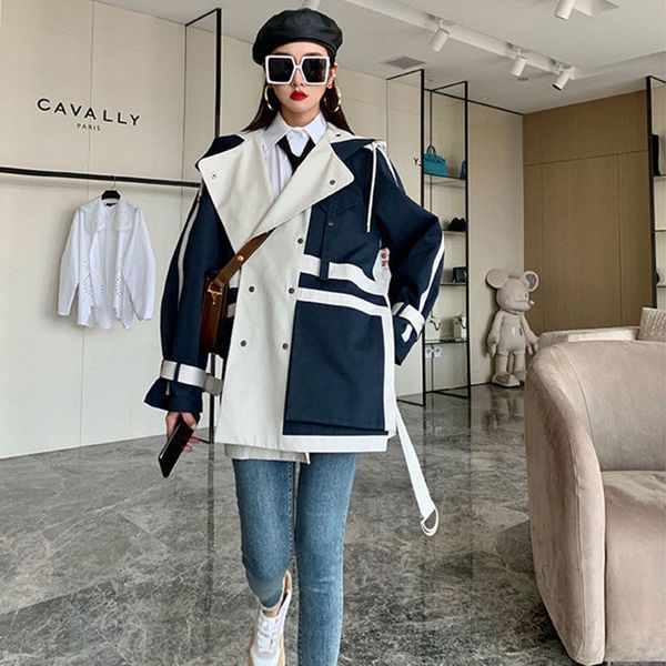 

[ewq]long sleeve jacket stitching design spring queen casual clothing autumn coats korea plus size overcoat outerwear women 210423, Black;brown