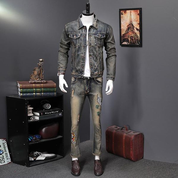 

men's tracksuits spring men vintage printed turn-down collar denim jacket slim embroidery cowboy coat + jeans pants two piece set male, Gray