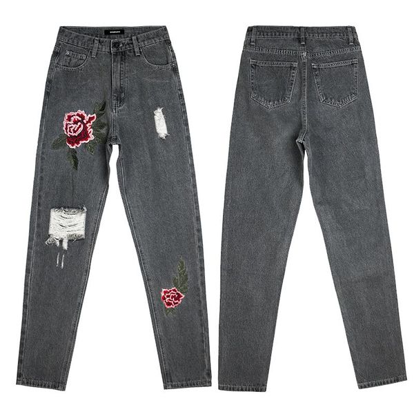 

women's jeans dsqbrand high-waist straight-leg street bf wind ripped denim trousers gray embroidery autumn and winter luxury, Blue
