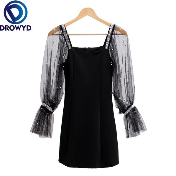 

casual dresses drowyd queen mesh mini dress for women fashion girl boho long sleeve black elegant nightclub party vestidos, Black;gray