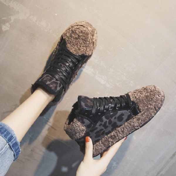 

boots large size 35-40 winter fashion leopard print flat-bottomed comfort and warmth plus velvet lace-up casual cotton shoes., Black