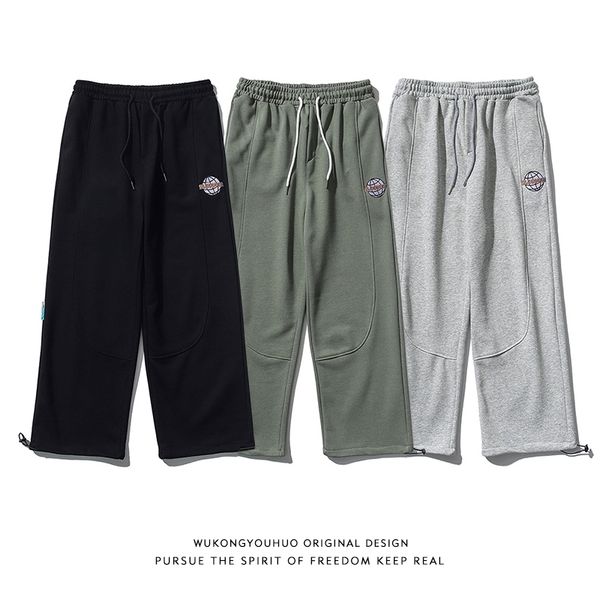 

1wukong goods simple embroidered sports pants men's fashion brand street loose casual versatile drawstring leggings, Black