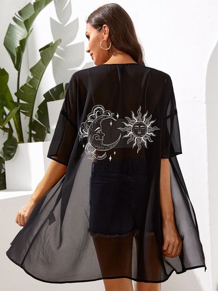 

open front sun and moon print kimono 39zj#, White;black