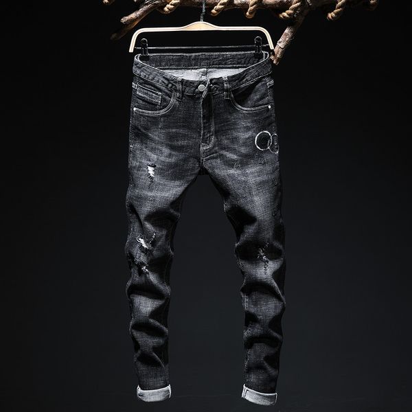 

fashion jeans design small straight stretch , black embroidery slim men's able pants 7749, Blue