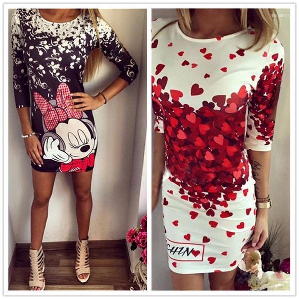 

large size women sweet cartoon dress casual print slim party dresses summer plus vestidos1, Black;gray