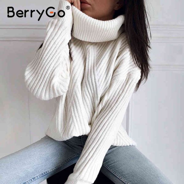 

berrygo turtleneck knitted sweater female casual batwing long sleeve pullover jumper women streetwear ladies white 210513, White;black