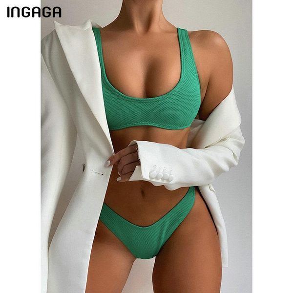 

women's swimwear ingaga swimsuit push up bikinis thong bathing suit 2021 high cut biquini solid green bikini set summer, White;black