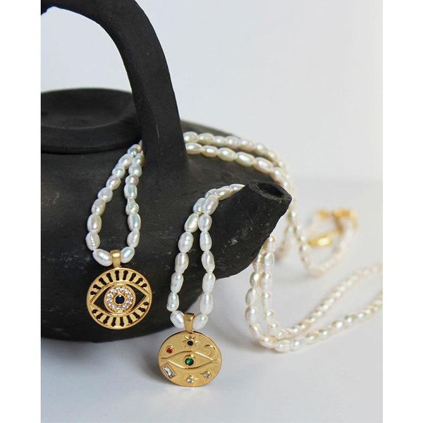 

pendant necklaces retro fashionable rice grain fresh water pearl inlaid with zircon blue eyes full of clavicle chain, Silver