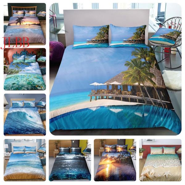

holiday theme us size duvet cover set tree sea beach bed linen blue fish bedclothes 3d sunset vacation el bedding sets