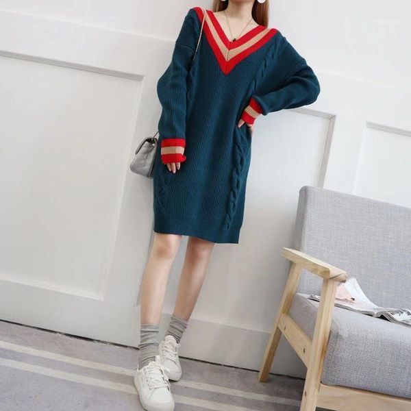 

casual dresses women autumn winter knitted striped sweater dress female contrast color preppy style loose v-neck pullovers long 1, Black;gray