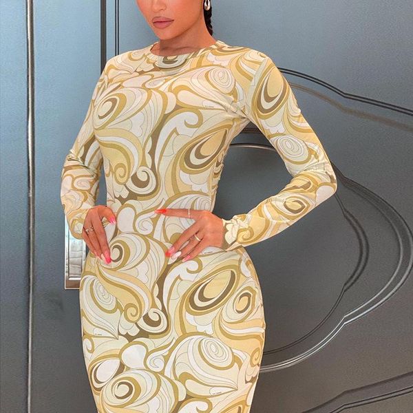 

casual dresses gaono women long sleeve bodycon pencil midi elegant slim abstract printing high waist dress party clubwear, Black;gray