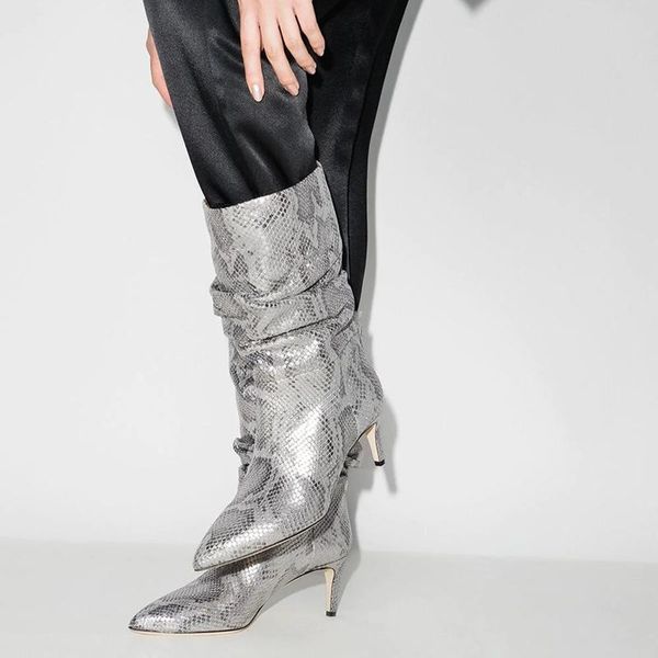 

boots snakeskin pointed toe punk girl motorcycle thin heels mid-calf women party fashion runway shoes winter autumn, Black