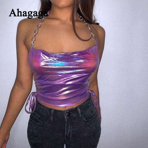 

women's tanks & camis ahagaga 2021 laser tank women fashion patchwork chain halter sleeveless bandage vest drawstring female blusas, White