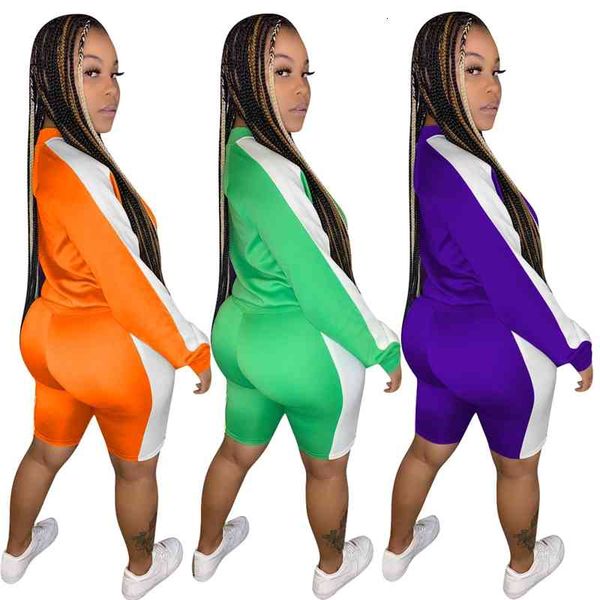 

casual fashion sportwear tarcksuit women contrast color patchwork o-neck full sleeve jacket zipper jogging shorts two piece sets, Gray